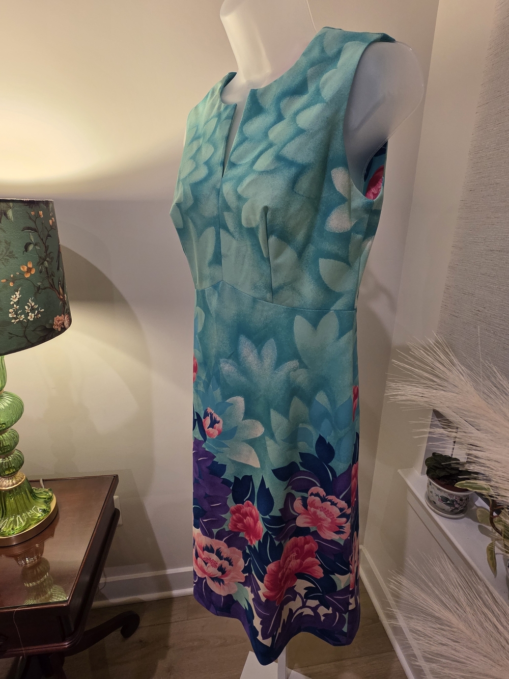 VTG Hawaiian Sleeveless Aqua Floral Sheath Dress Size L - Picture 16 of 16